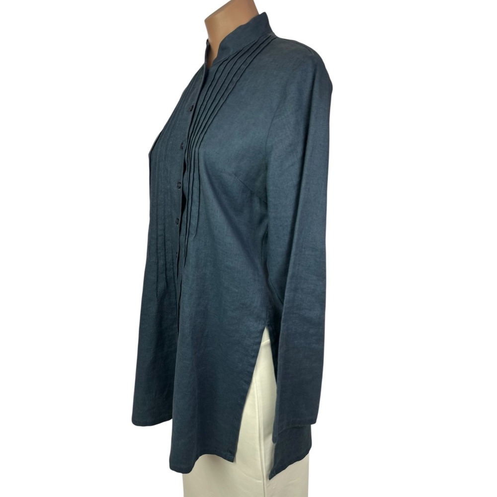 Willi Smith Blue Tunic Blouse Sz 6 100% Linen Button Front Stand Up Collar - Picture 2 of 6